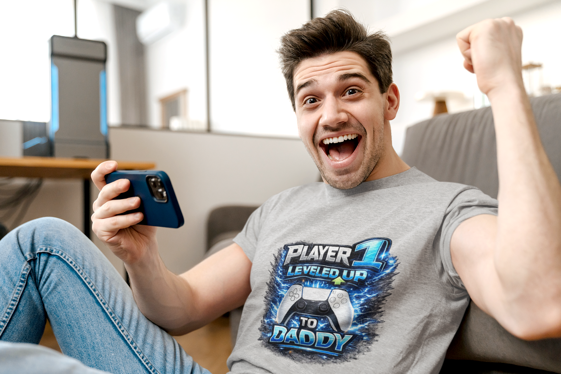 Personalisation Player 1 Leveled Up to Daddy Gamer Shirt | New Dad Announcement Tee