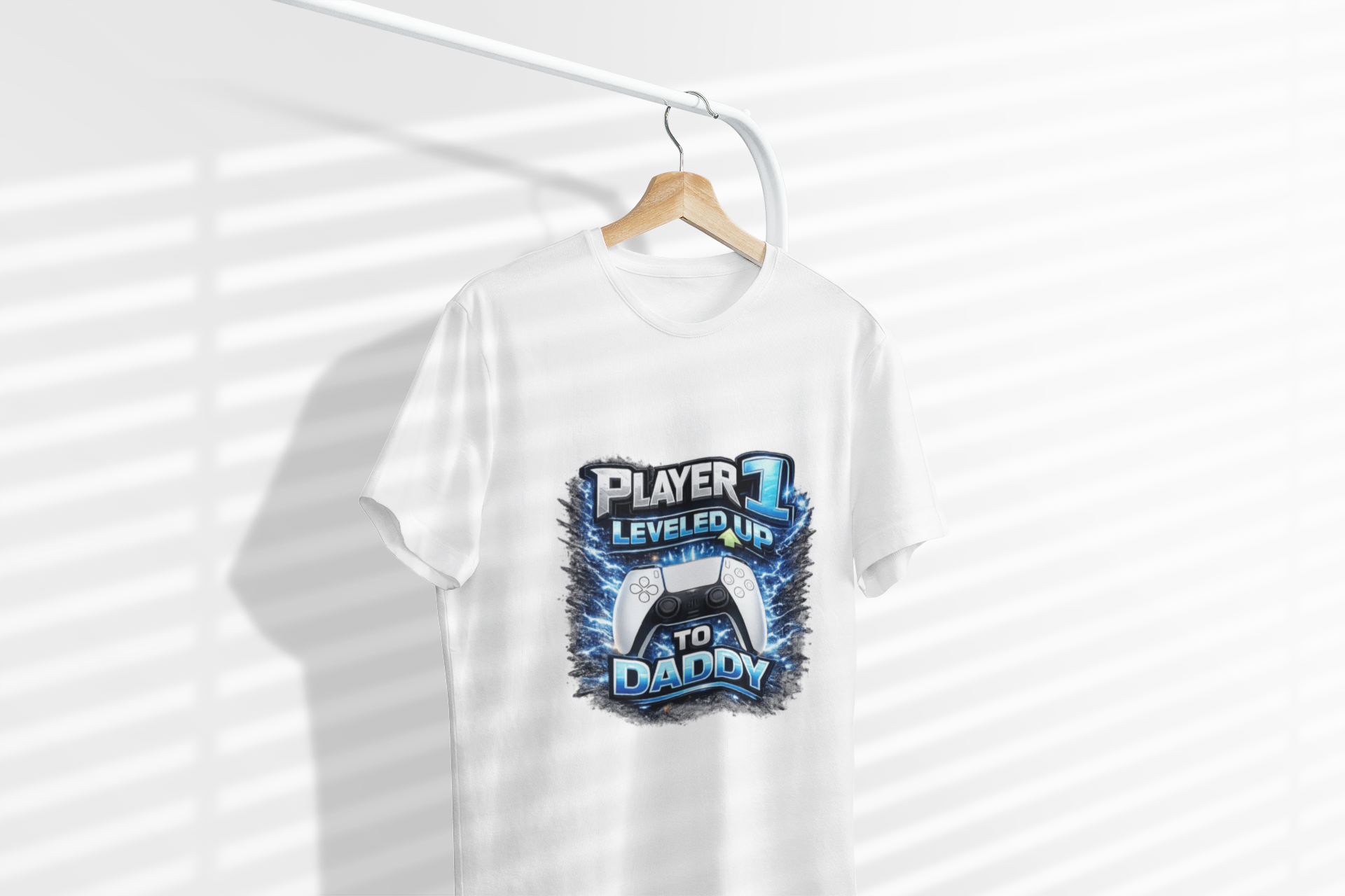 Personalisation Player 1 Leveled Up to Daddy Gamer Shirt | New Dad Announcement Tee